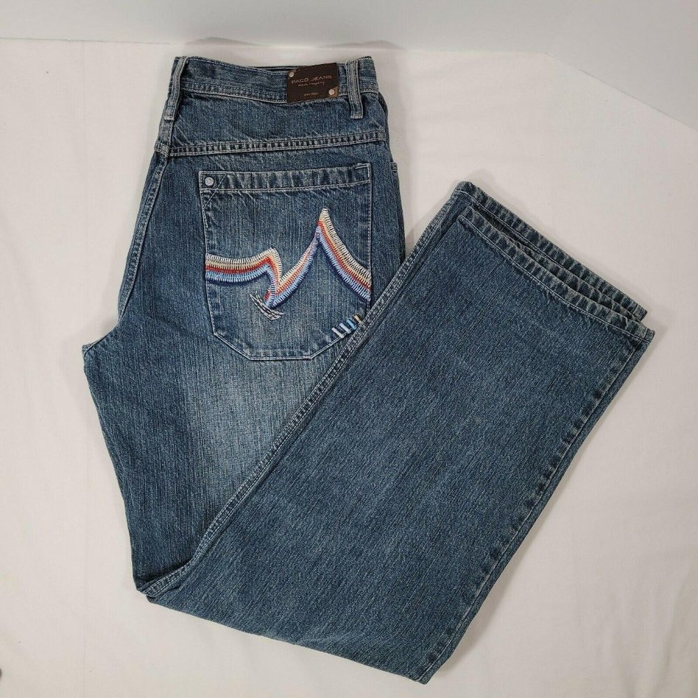 PACO Men's Jeans Embroidered Med Wash 36x34 EUC